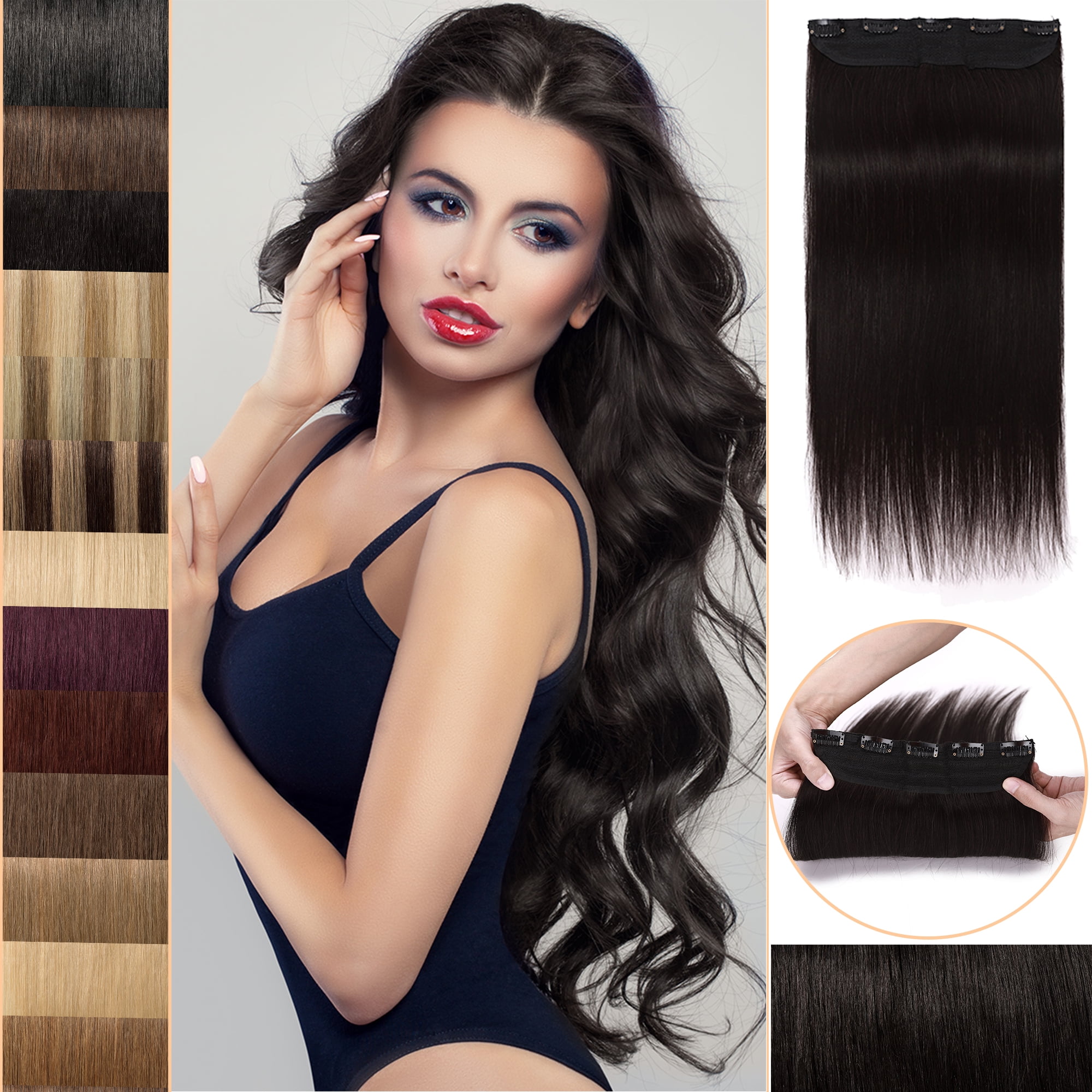MY-LADY 10''-24'' 5 Clips in Human Hair Extensions Thick Real Natural Hair Pieces 100% Full Head Remy Hair 22inch #1B Natural Black(Heavy)