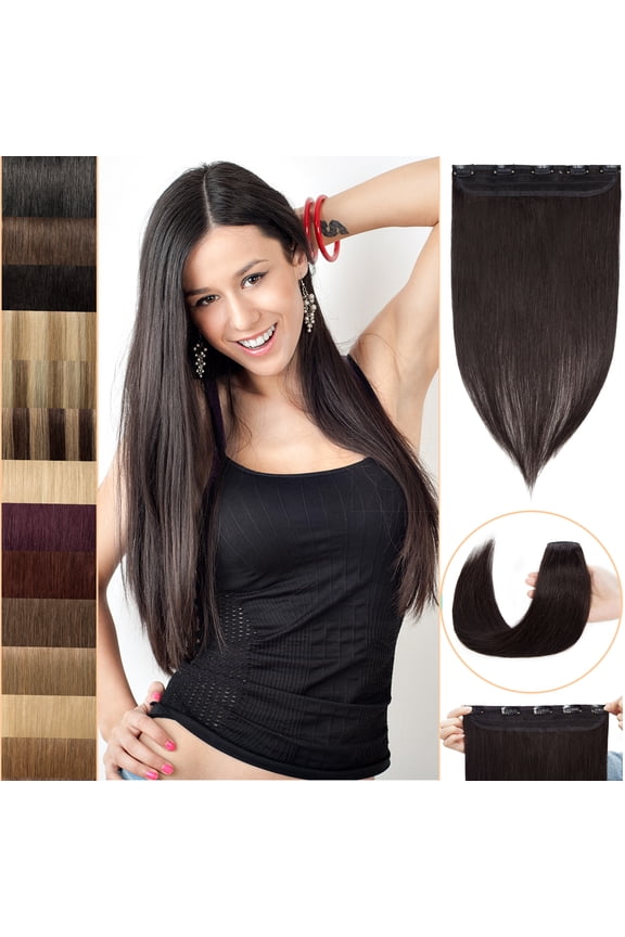 10''-24'' 5 Clips in Human Hair Extensions Thick Real Natural Hair Pieces 100% Full Head Remy Hair 22inch #1B Natural Black(Thin)