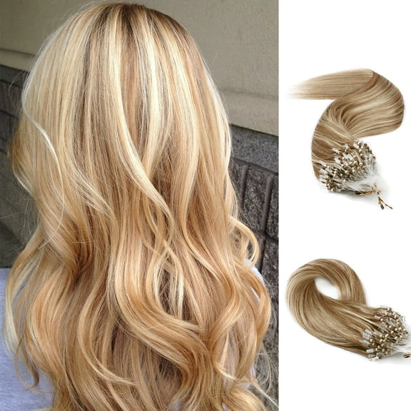 MY-LADY 100% Human Hair Extensions Remy Real Natural Hair Hairpiece Mirco Ring Tubes Hair Thick Micro Loop Extensions Hair for Women 16inch #12P613 Golden Brown & Bleach Blonde