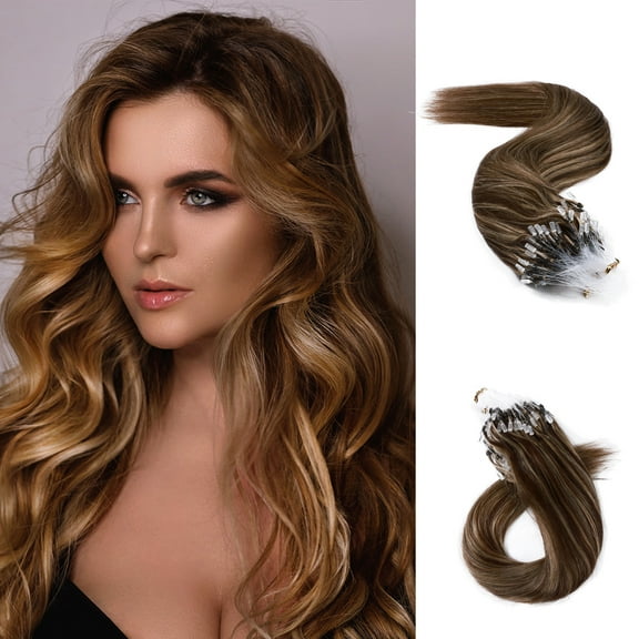 MY-LADY 100% Human Hair Extensions Remy Real Natural Hair Hairpiece Mirco Ring Tubes Hair Thick Micro Loop Extensions Hair for Women 16inch #4P27 Medium Brown & Dark Blonde