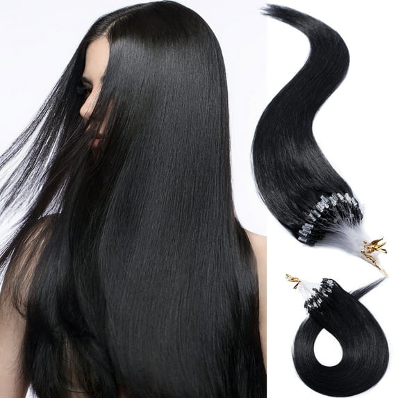 MY-LADY 100% Human Hair Extensions Remy Real Natural Hair Hairpiece Mirco Ring Tubes Hair Thick Micro Loop Extensions Hair for Women 24inch #01 Jet Black