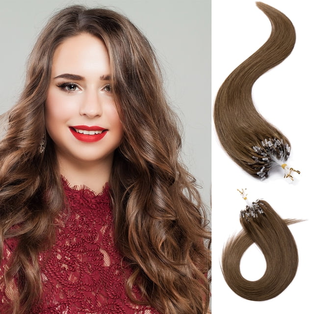MY-LADY 100% Human Hair Extensions Remy Real Natural Hair Hairpiece Mirco Ring Tubes Hair Thick Micro Loop Extensions Hair for Women 24inch #06 Light Brown