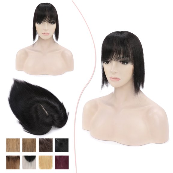 MY-LADY 100% Remy Human Hair Women Topper Hair Toppers Silk Base Hair Pieces Clip In Hair Topper with 3D Air Bangs 17 Colors 10inch #1B Natural Black