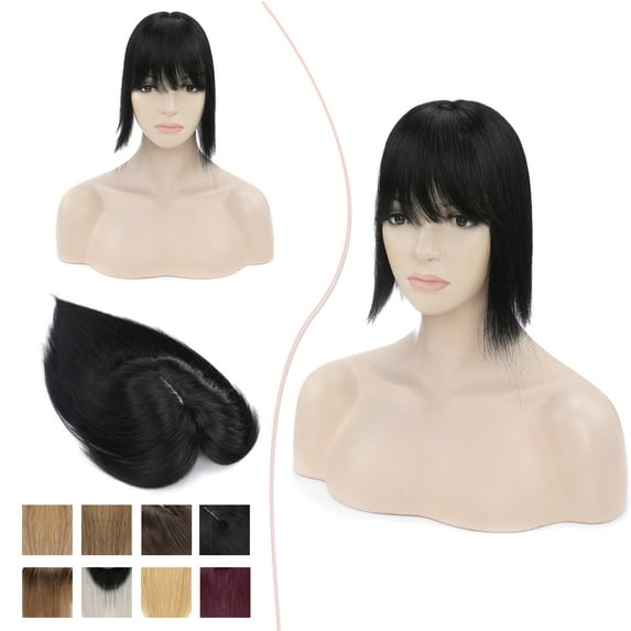 MY-LADY 100% Remy Human Hair Women Topper Hair Toppers Silk Base Hair Pieces Clip In Hair Topper with 3D Air Bangs 17 Colors 14inch #01 Jet Black