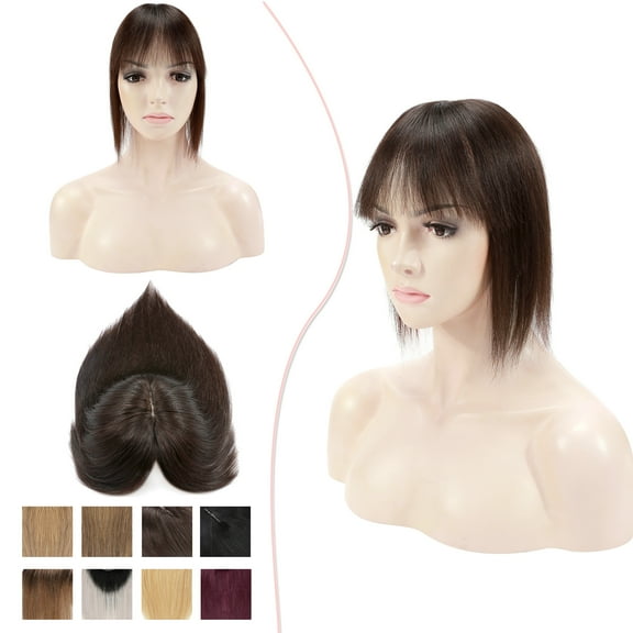 MY-LADY 100% Remy Human Hair Women Topper Hair Toppers Silk Base Hair Pieces Clip In Hair Topper with 3D Air Bangs 17 Colors 18inch #02 Dark Brown