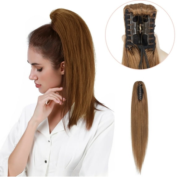 MY-LADY 100% Remy Real Human Hair Clip in Ponytail Extension Claw 18inch Hair Extensions Straight Hairpiece Long Straight Pony Tail Hair Hairpiece #06 Light Brown