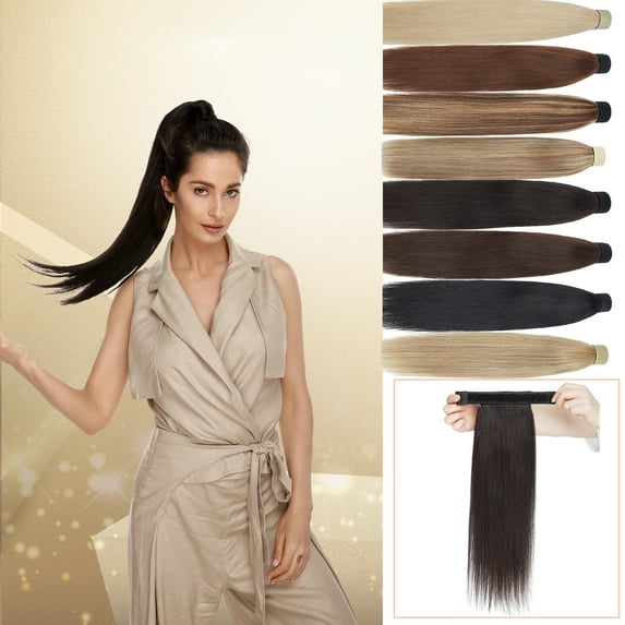 MY-LADY 100% Remy Real Human Hair Ponytail Extension 18Inch Long Straight Hair Extensions Hairpiece Wrap Around PonyTail Magic Paste Ponytail for Women #1B Natural Black