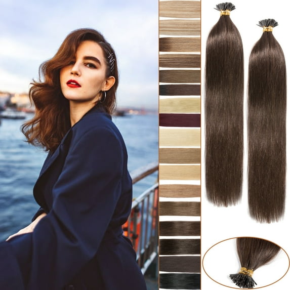 MY-LADY 100pcs 0.5g/Strands I Tip Remy Human Hair Extensions Micro Bead Loop Straight Balayage Hair Natural Hairpiece 18inch #24 Natural Blonde
