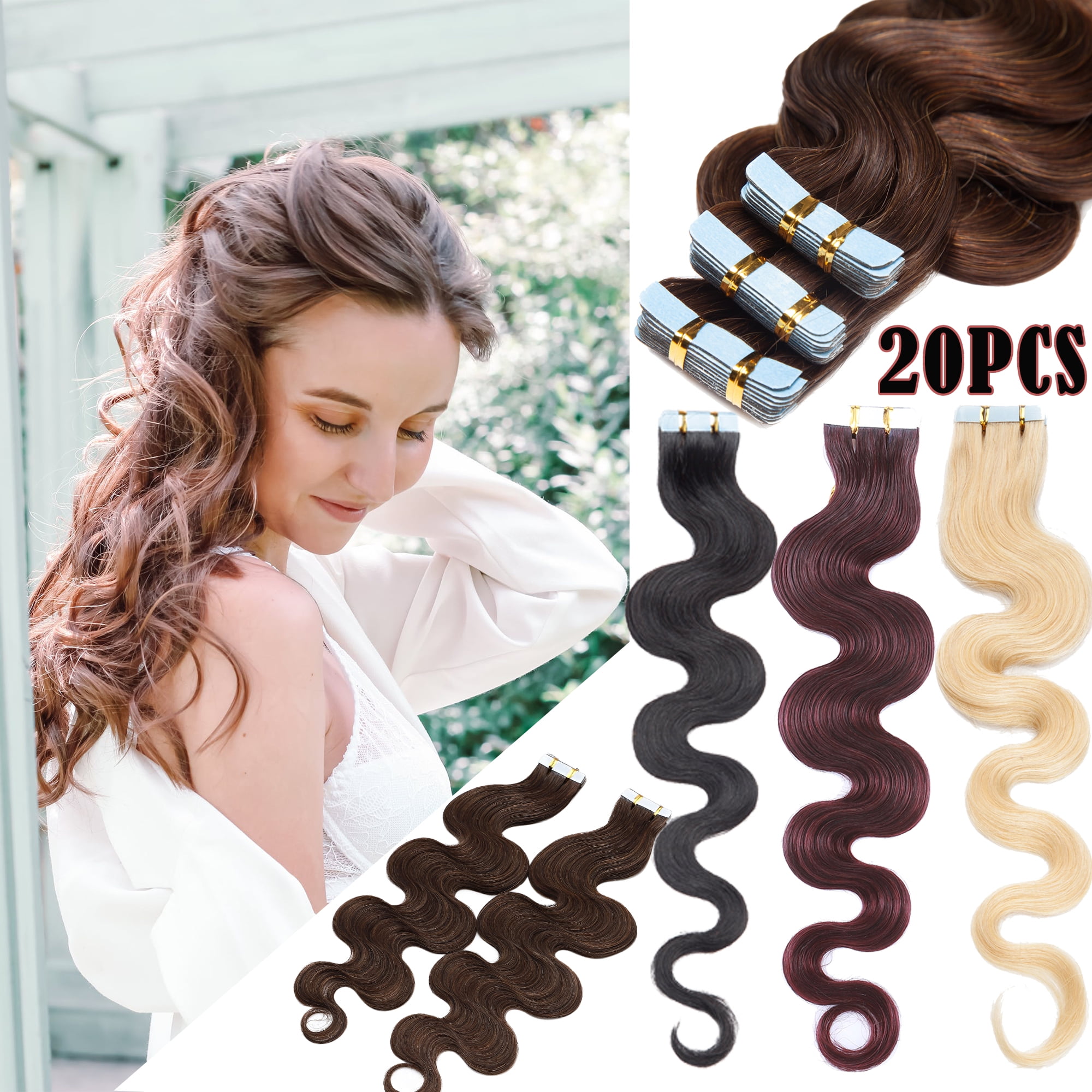 MY-LADY 20PCS Wavy Curly Tape in 100% Real Human Hair 
