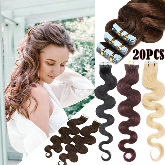 MY-LADY 20PCS Wavy Curly Tape in 100% Real Human Hair Extensions Hairpiece Skin Weft Full Head 24inch #06 Light Brown