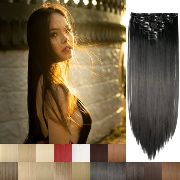 MY-LADY 23Inch 8PCS Clip in Synthetic Hair Extensions Full Head Long Straight Clip Hairpiece for Women Girls Light Chestnut Brown Black