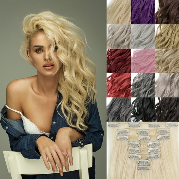 MY-LADY 24inch 8PCS 18Clip in Hair Extensions Full Head Curly Wave Synthetic Clip Weft HairPiece Wavy Hairpiece for Women Girls