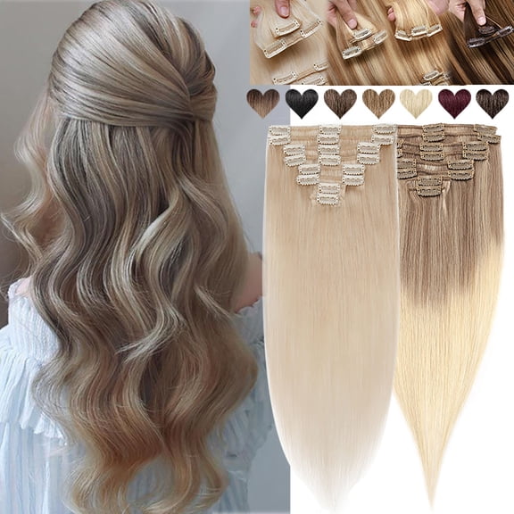 MY-LADY Blonde Clip in 100% Remy Human Hair Extensions 8Pcs Full Head Weft Highligh Hairpiece Long Straight #27 Dark Blonde 8inch