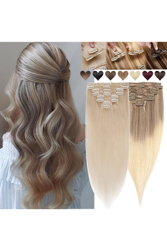 Clip in 100% Remy Human Hair Extensions 53Pcs Full Head Weft Highligh Hairpiece Long Straight #70 Bleach White 24inch