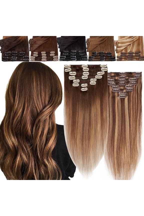 Clip in 100% Remy Human Hair Extensions 8Pcs Full Head Weft Highligh Hairpiece Balayage Blonde Long Straight
