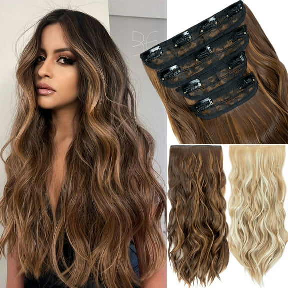MY-LADY Clip in Hair Extensions Full Head Thick Long Curly Wave Hair 4 PCS Set Black/Brown/Blonde/Auburn 22"