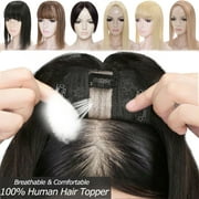 MY-LADY Clip in Hair Topper 100% Remy Human Extensions Women Toupee Silk Base Hairpiece with Bangs for Loss Hair #1B Natural Black 10
