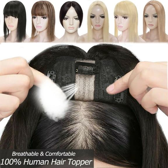 MY-LADY Clip in Hair Topper 100% Remy Human Extensions Women Toupee Silk Base Hairpiece with Bangs for Loss Hair #4P27 Brown & Dark Blonde 10"