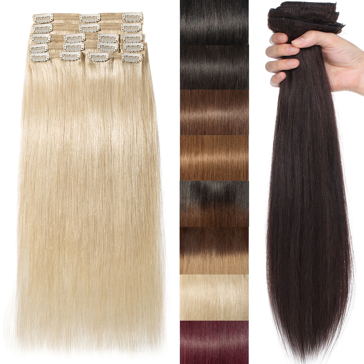 MY-LADY Extra Thick Clip in 100% Remy Human Hair Extension Double Weft Full Head Natural Hairpiece 110-170g #70 Bleach White24inch