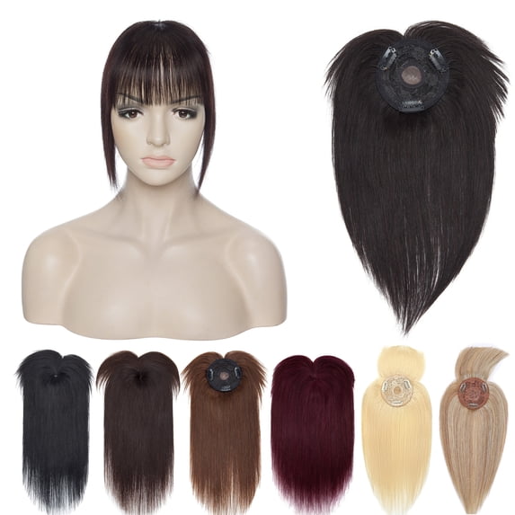 MY-LADY Hair Toppers for Women Real Human Hair with Bangs 3 Clip In Remy Topper Hairpiece for Thin Hair Natural Looking Hair Extensions 10inch #1B Natural Black