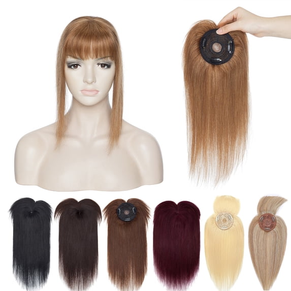 MY-LADY Hair Toppers for Women Real Human Hair with Bangs 3 Clip In Remy Topper Hairpiece for Thin Hair Natural Looking Hair Extensions 12inch #06 Light Brown