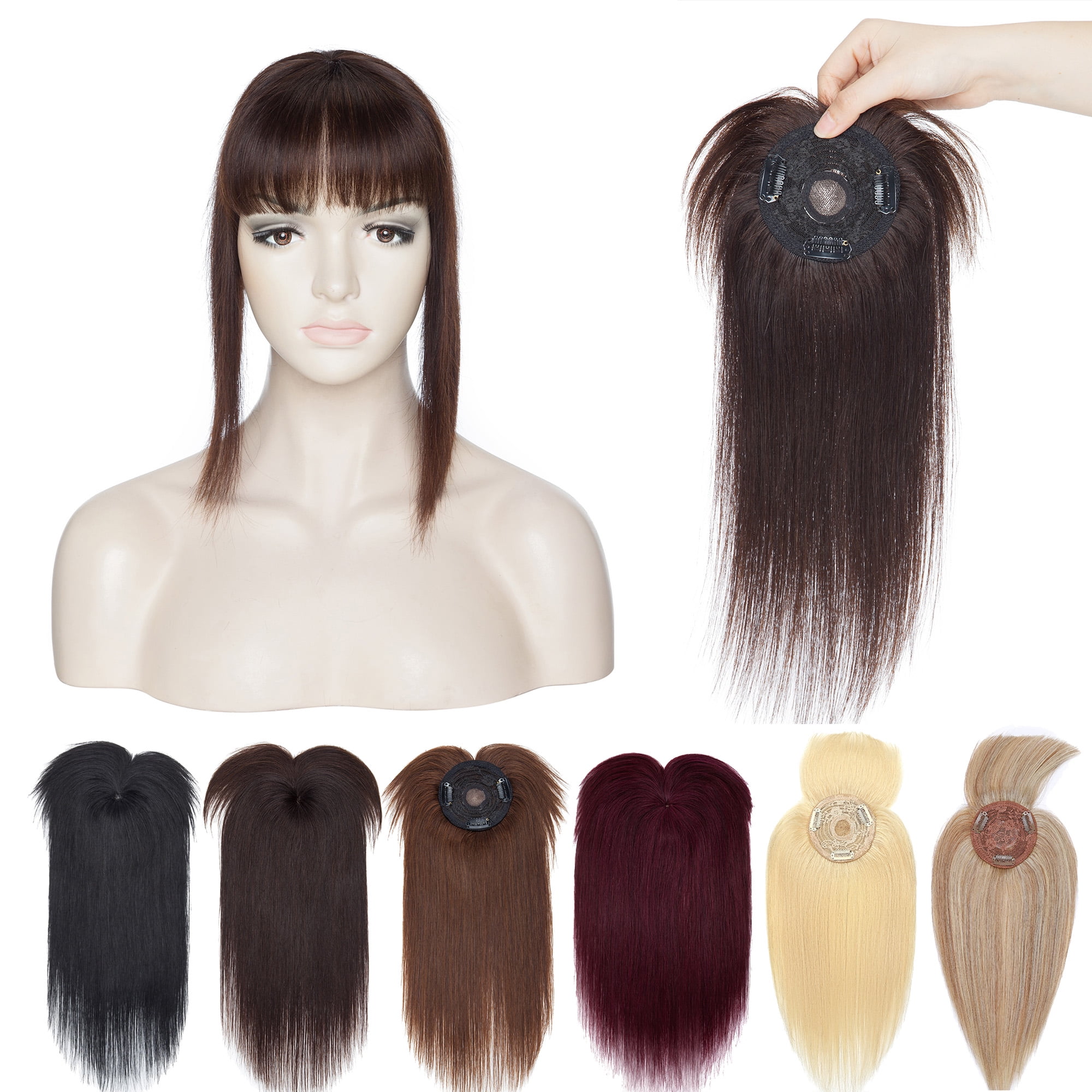 MY-LADY Hair Toppers for Women Real Human Hair with Bangs 3 Clip In Remy Topper Hairpiece for Thin Hair Natural Looking Hair Extensions 14inch #02 Dark Brown