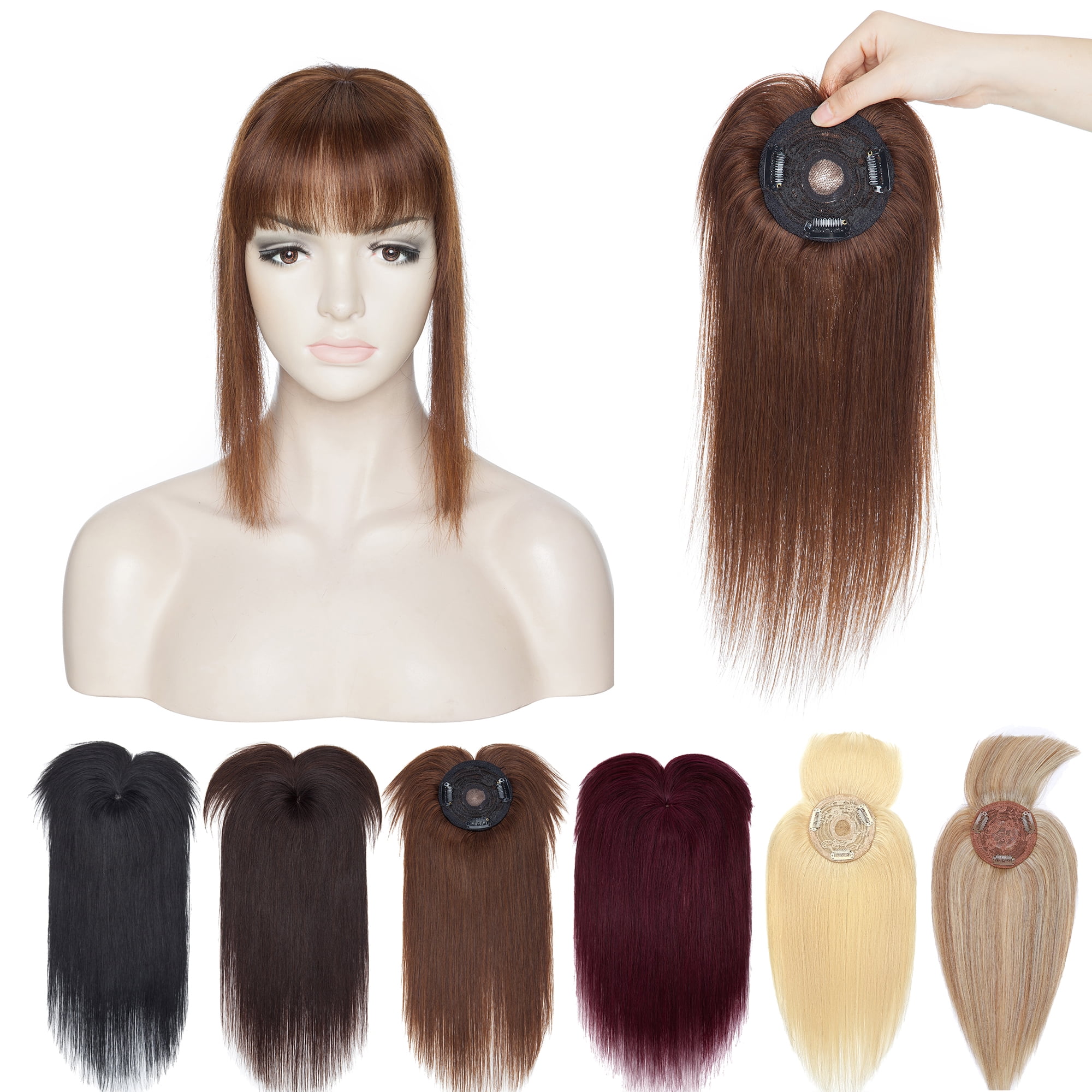 MY-LADY Hair Toppers for Women Real Human Hair with Bangs 3 Clip In Remy Topper Hairpiece for Thin Hair Natural Looking Hair Extensions 14inch #04 Medium Brown