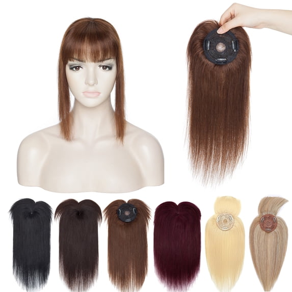 MY-LADY Hair Toppers for Women Real Human Hair with Bangs 3 Clip In Remy Topper Hairpiece for Thin Hair Natural Looking Hair Extensions 14inch #04 Medium Brown
