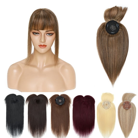 MY-LADY Hair Toppers for Women Real Human Hair with Bangs 3 Clip In Remy Topper Hairpiece for Thin Hair Natural Looking Hair Extensions 14inch #4P27 Medium Brown & Dark Blonde