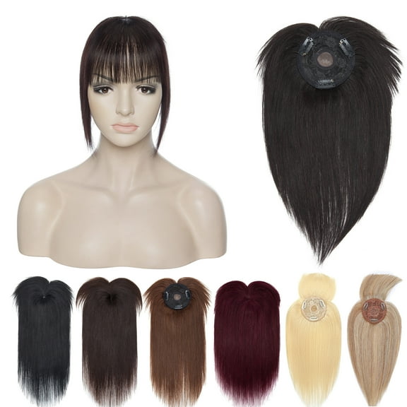 MY-LADY Hair Toppers for Women Real Human Hair with Bangs 3 Clip In Remy Topper Hairpiece for Thin Hair Natural Looking Hair Extensions 12inch #1B Natural Black