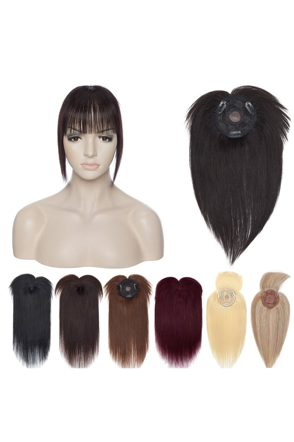 Hair Toppers for Women Real Human Hair with Bangs 3 Clip In Remy Topper Hairpiece for Thin Hair Natural Looking Hair Extensions 12inch #1B Natural Black