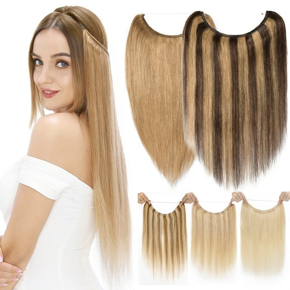 MY-LADY Invisible Wire in Human Hair Extensions Highlight Secret Fish Line Headband No Clips Hairpiece Straight 16-22Inches for Women