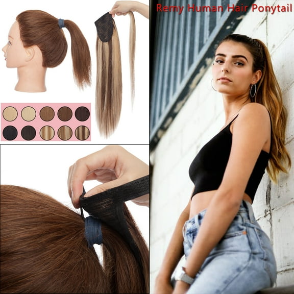 MY-LADY Remy Human Hair Extensions Ponytail Magic Paste Extensions Hair Wrap Around Ponytail Hair Piece Clip in Straight 14inch #06 Light Brown