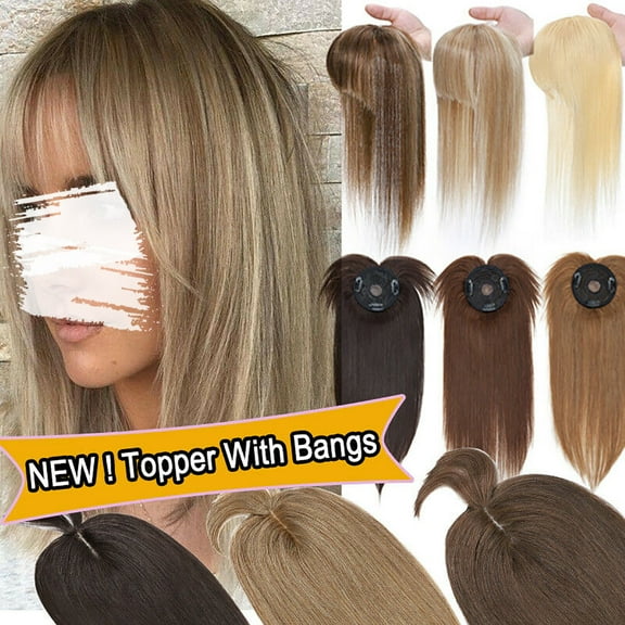 MY-LADY Silk Mono Base Clip in Topper 100% Remy Human Hair Extensions Women Toupee Hairpiece with Bangs for Thinning Hair