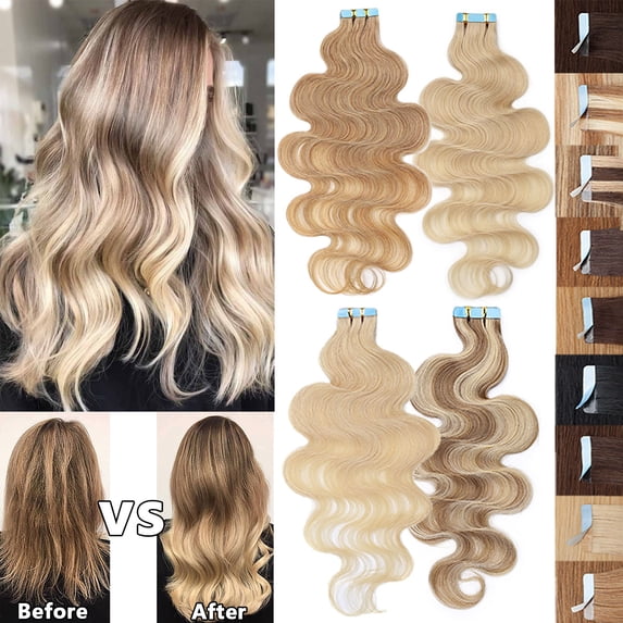 MY-LADY Tape in Natural Russian Human Hair Extensions Curly Body Wavy Glue Highlight Hairpiece US Stock 20PCS 20" #99J Wine red