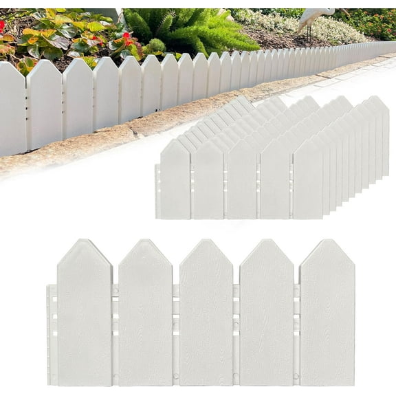 MY.Landscape Edging Kit 6.7 in Tall Decorative Double-Sided Wood-Look Fence Garden Border, Flower Bed Edging with 30 Anchoring Spikes, 13.9 Foot Kit (White)