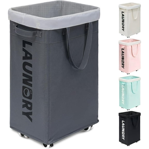 MY Laundry Basket with Wheels, Laundry Hamper with Removable Wash Bag, Clothes Hamper, Rolling Laundry Basket with Wheels, 75L, Grey