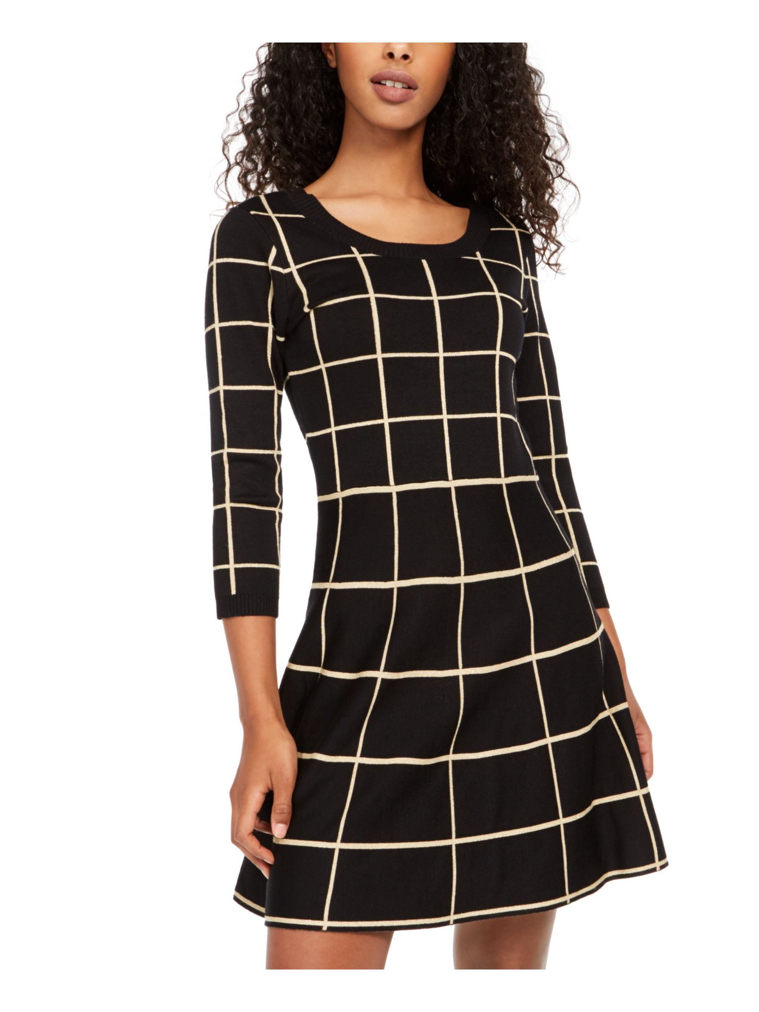 MY MICHELLE Womens Black Check 3/4 Sleeve Jewel Neck Short Fit + Flare Dress XS