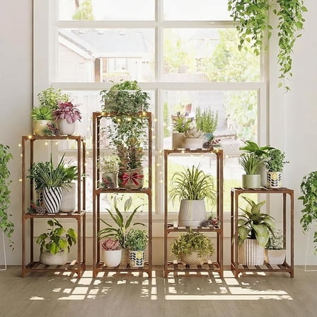 MY Plant Stands Indoor 4 Sets Plant Shelves Outdoor Wooden Plant Holder for Multiple Plants Flower Stands Window