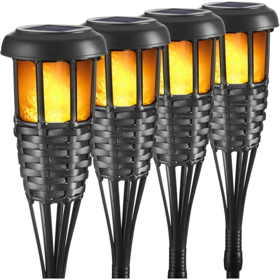 MY.Solar Torch Light with Flickering Flame, 4 Pack Waterproof Bamboo Torches Hand-Woven Rattan Solar Tiki Torches for Outside Patio Yard Garden Lawn (Black-4 Pack)