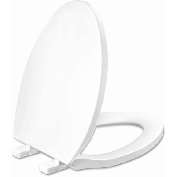 MY Toilet seat Elongated with Slow Close Hinges, Four Bumpers Never Loosen and Easily Remove, Two Sets of Parts, Plastic, White