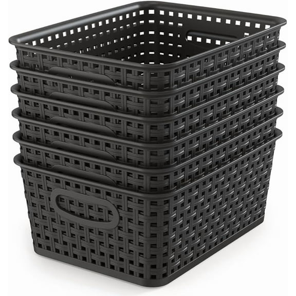 Woven Storage Organizer Basket, 6-Pack Black Plastic Weave Baskets, 10.1 x 7.55 x 4.1