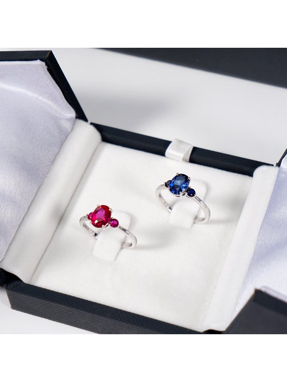 925 Sterling Silver Oval Red & Blue Gemstone Ring Set - Three-Stone Fashion Jewelry for Women