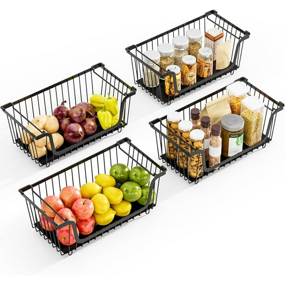 MY4-Pack Stackable Wire Baskets for Pantry Organization – Metal Kitchen Storage Bins for Countertop Fruits, Vegetables, Potatoes & Onions, Space-Saving Design, Black