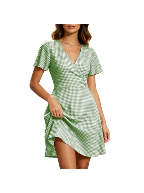 Womens Dresses Gingham Wrap Dress V Neck Short Sleeve Summer Casual Mini Dress