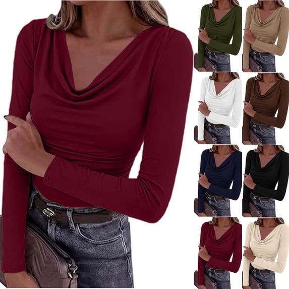 MYAOTINo Boundaries Ladies Solid Color Cowl Neck Shirt Long Sleeve Basic Top
