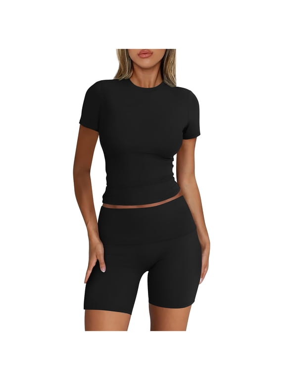 2 Piece Workout Set for Women Short Sleeve Crop Top High Waist Biker Shorts Yoga Outfits