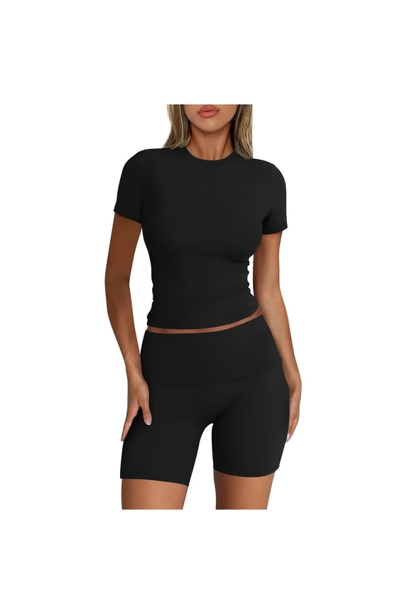2 Piece Workout Set for Women Short Sleeve Crop Top High Waist Biker Shorts Yoga Outfits