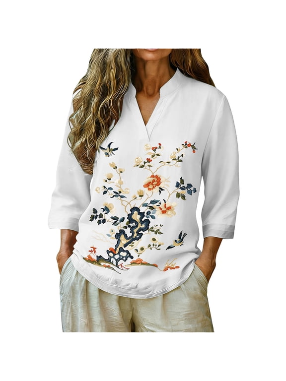Boho Tops for Women 3/4 Sleeve Ethnic Floral Bird V Notch Neck Shirts Loose Casual Vacation Blouses