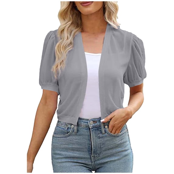 MYAOYI Cardigan for Women Summer Puff Sleeve Cropped Cardigan Open Front Short Sleeve Casual Bolero Shrug Top for Daily Wear